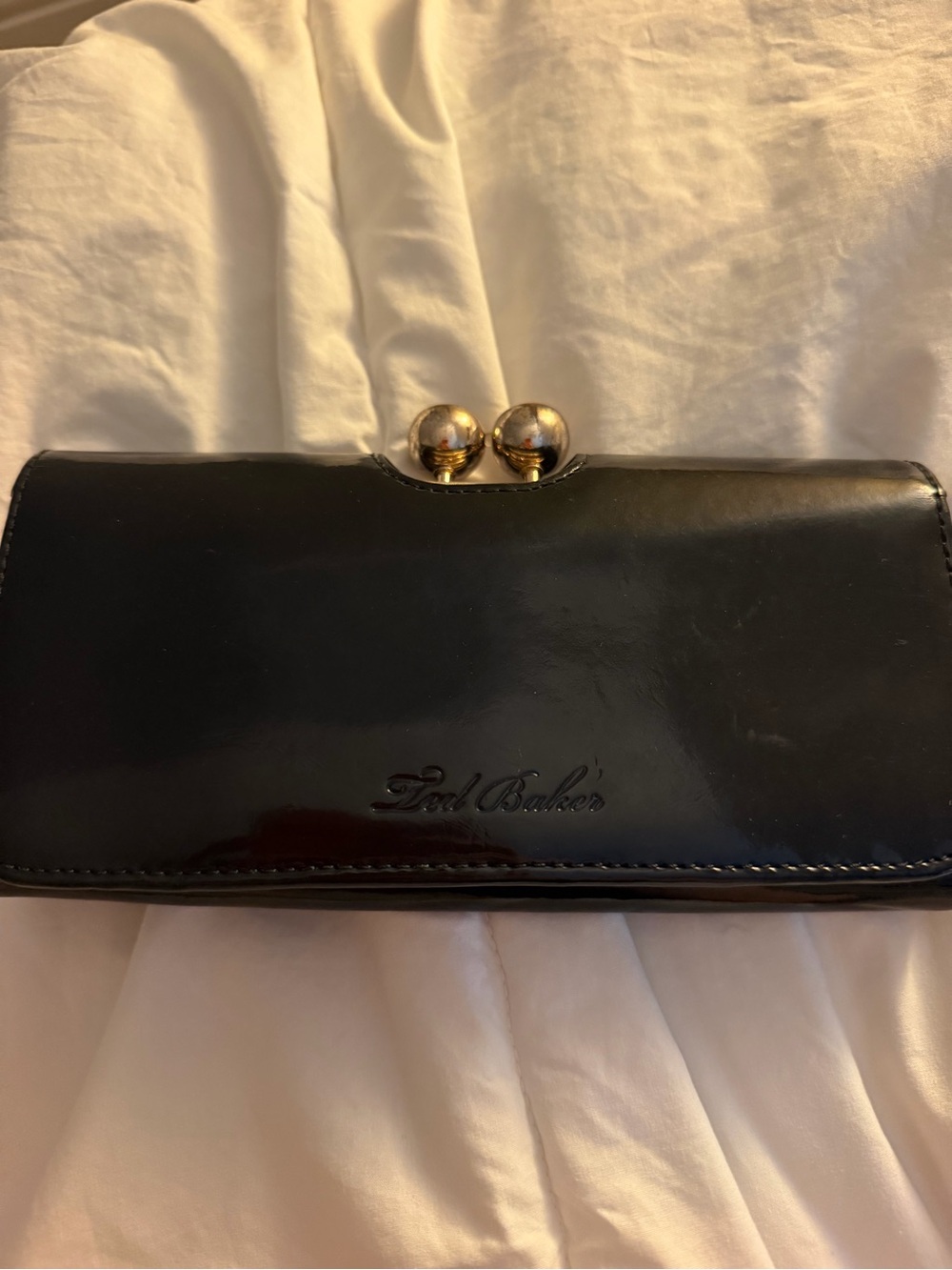 Ted Baker London Black Patent Kiss-Lock Wallet with Gold Hardware